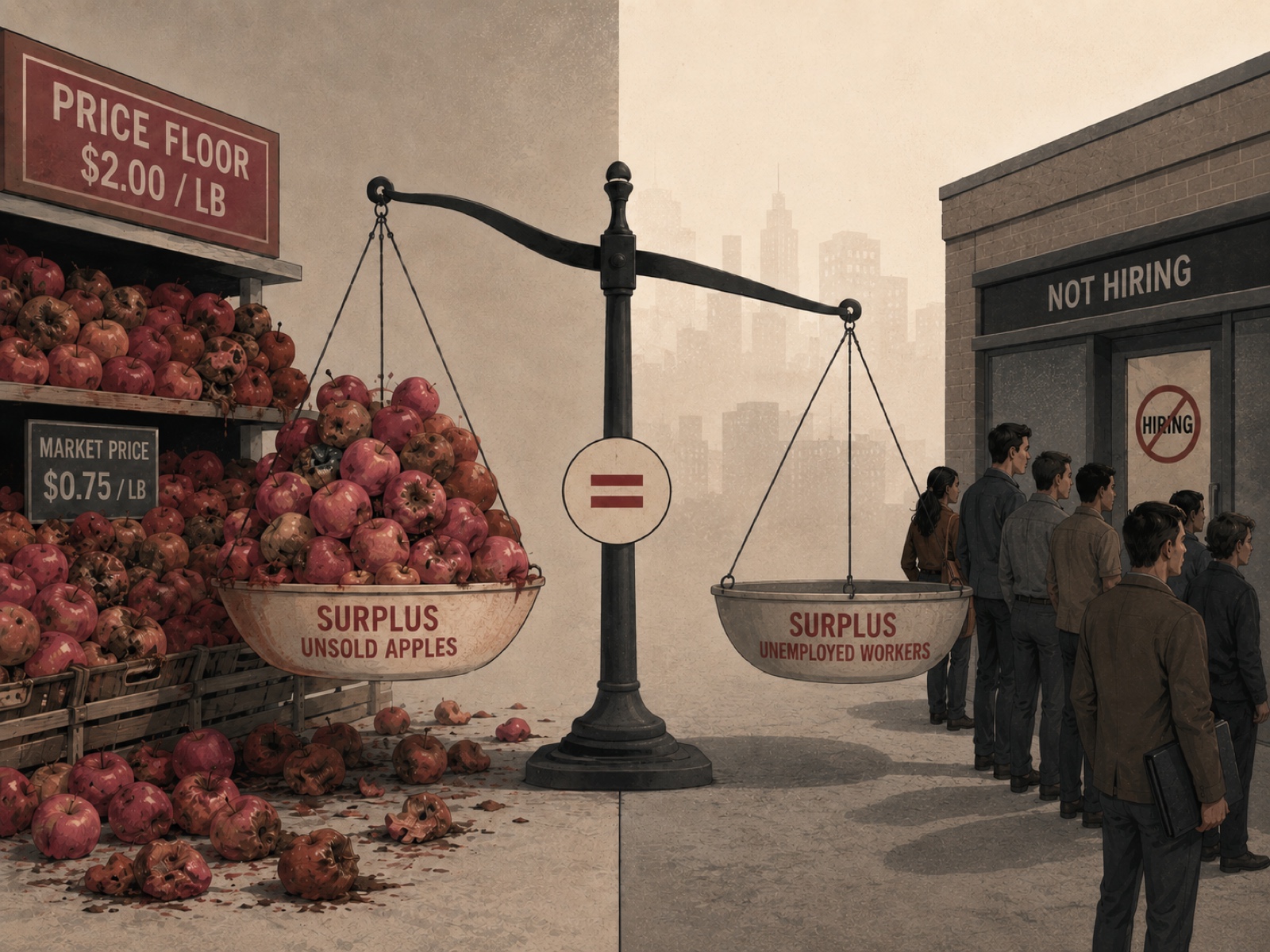 Editorial illustration: a giant scale equates a pile of unsold apples under a $2.00/lb price floor with a queue of jobless workers outside a 'NOT HIRING' door — the price-floor logic applied to wages.