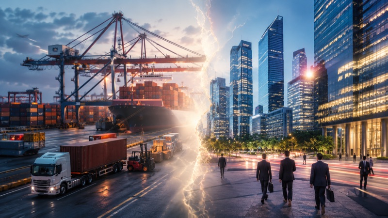 A container port and cargo ship split by a bolt of lightning from a gleaming financial district where businesspeople walk — trade versus capital