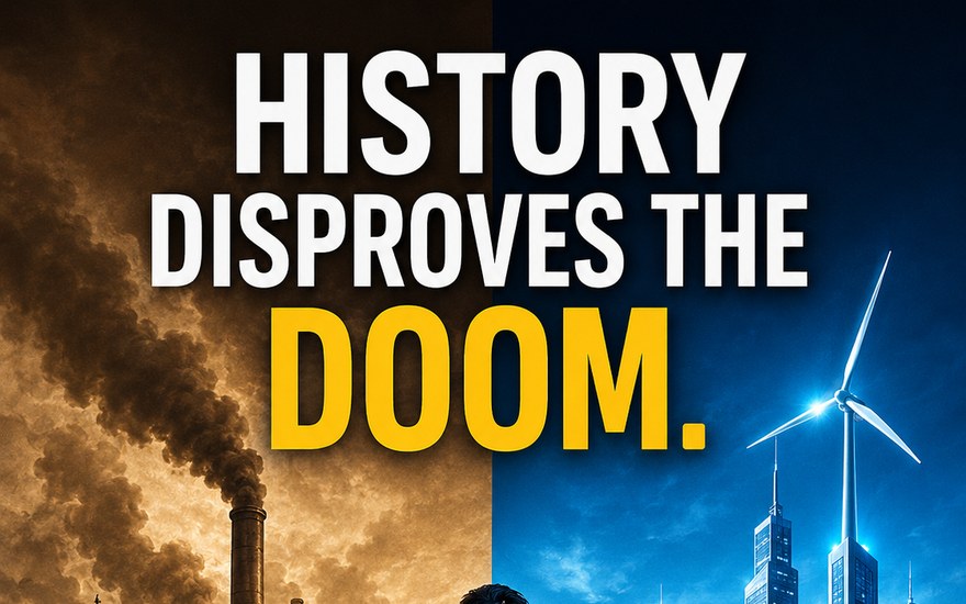 Myth #03 — History disproves the doom: industrial smokestacks on one side, a wind-powered city on the other, under the headline 'History disproves the doom'