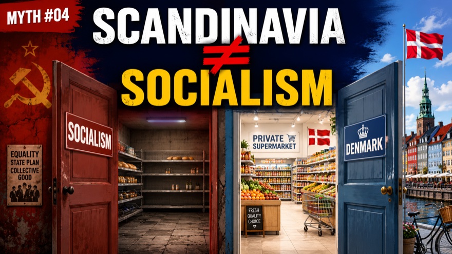 Myth #04 — Scandinavia is not socialism: a red SOCIALISM door opening onto empty shelves beside a blue DENMARK door opening onto a full private supermarket