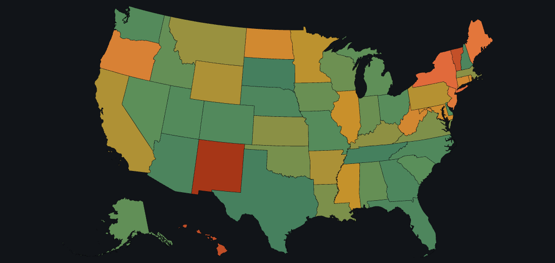 Map of U.S. states shaded by tax burden as a share of GDP