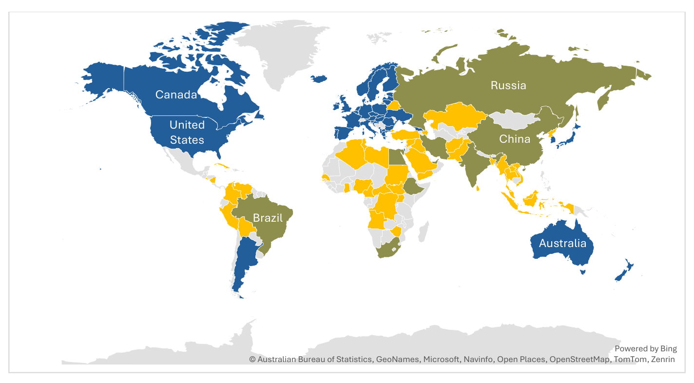 World map: NATO, EU and allied countries versus BRICS and potential BRICS countries